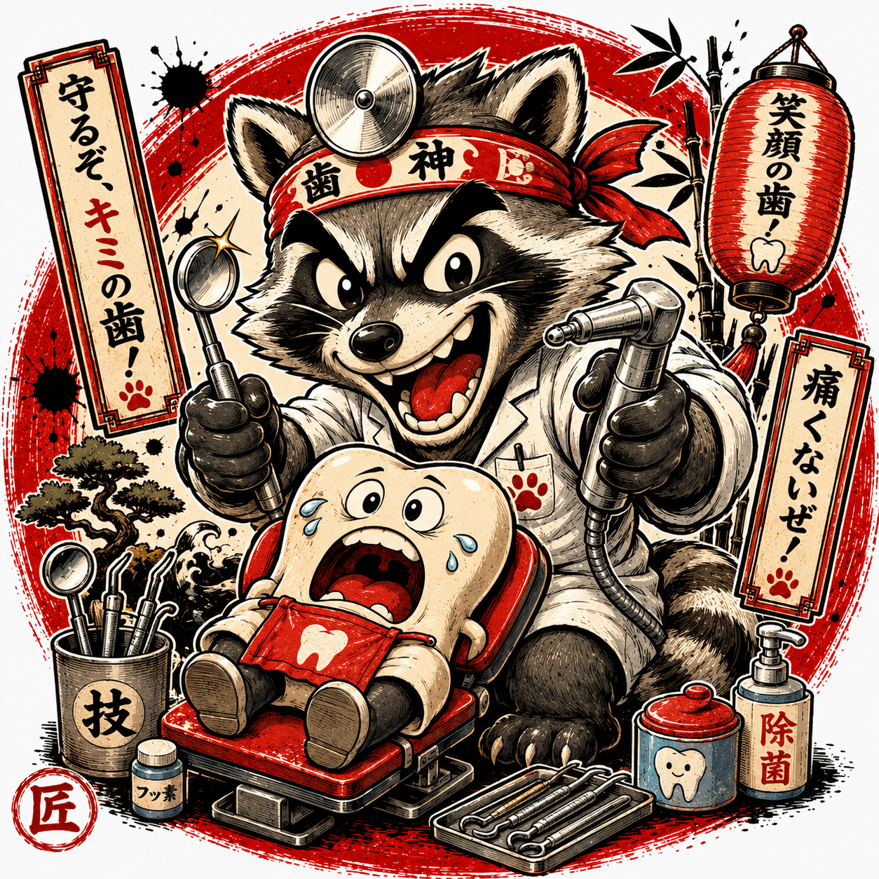 Dentist Raccoon — Yabaizoo design (歯神 / 痛くないぜ)